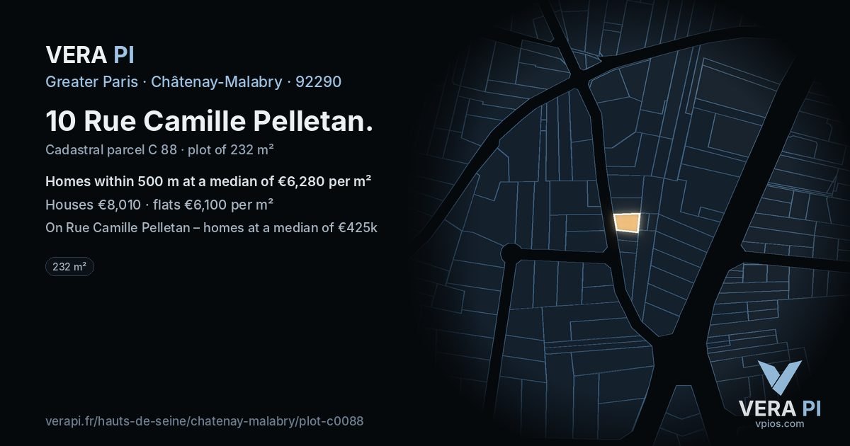10 Rue Camille Pelletan, Châtenay-Malabry at night – the plot lit, the parcels around coloured by the prices near them