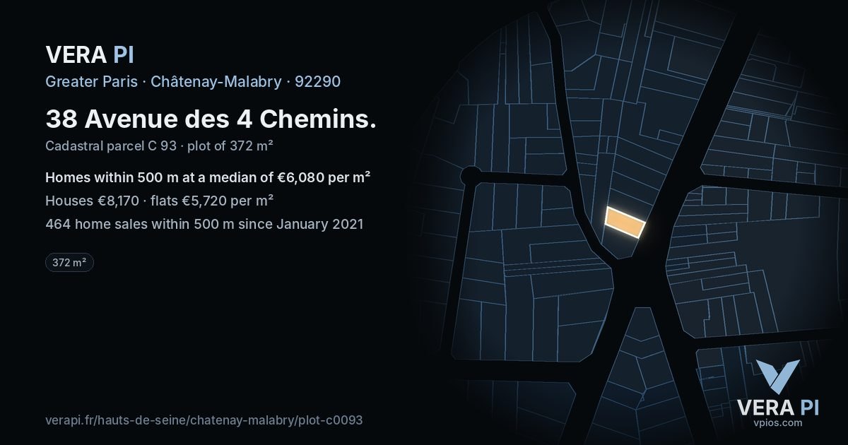 38 Avenue des 4 Chemins, Châtenay-Malabry at night – the plot lit, the parcels around coloured by the prices near them