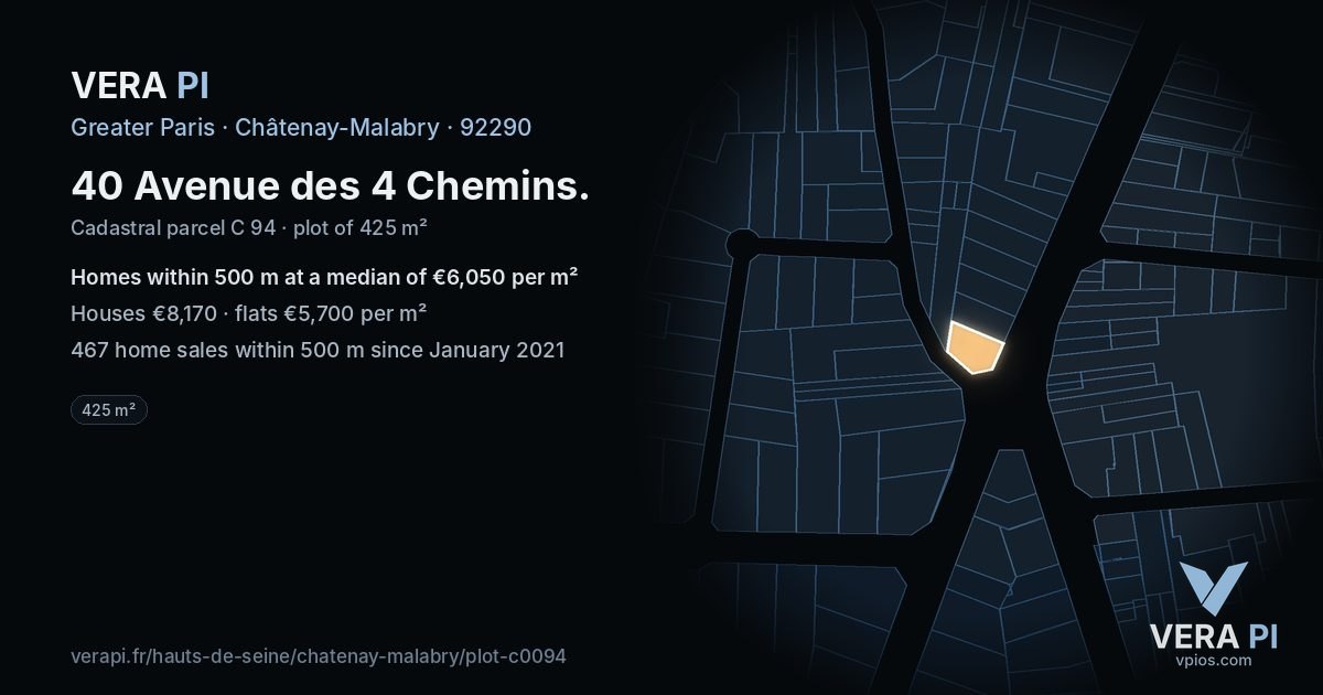 40 Avenue des 4 Chemins, Châtenay-Malabry at night – the plot lit, the parcels around coloured by the prices near them