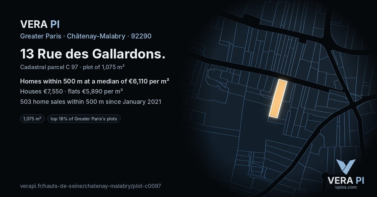 13 Rue des Gallardons, Châtenay-Malabry at night – the plot lit, the parcels around coloured by the prices near them