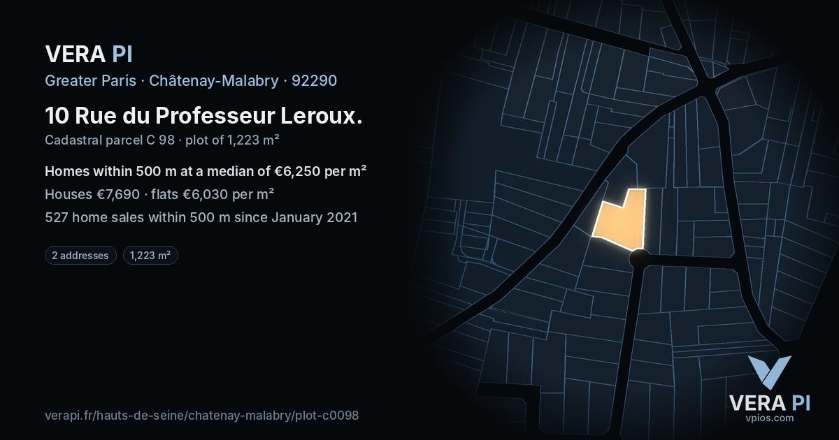 10 Rue du Professeur Leroux, Châtenay-Malabry at night – the plot lit, the parcels around coloured by the prices near them