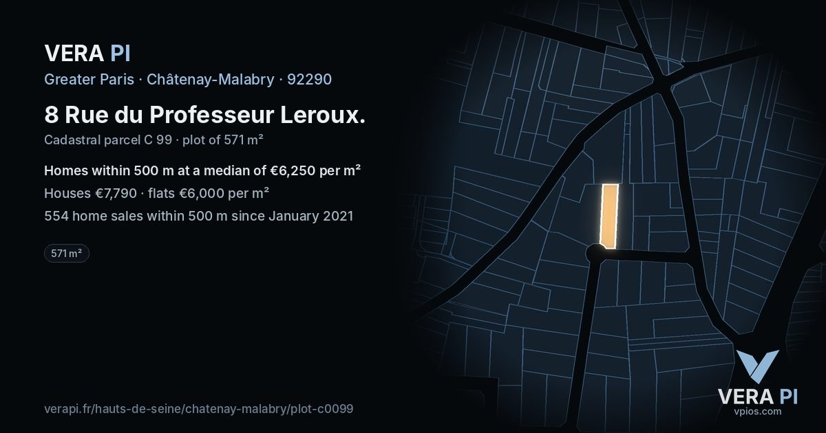 8 Rue du Professeur Leroux, Châtenay-Malabry at night – the plot lit, the parcels around coloured by the prices near them