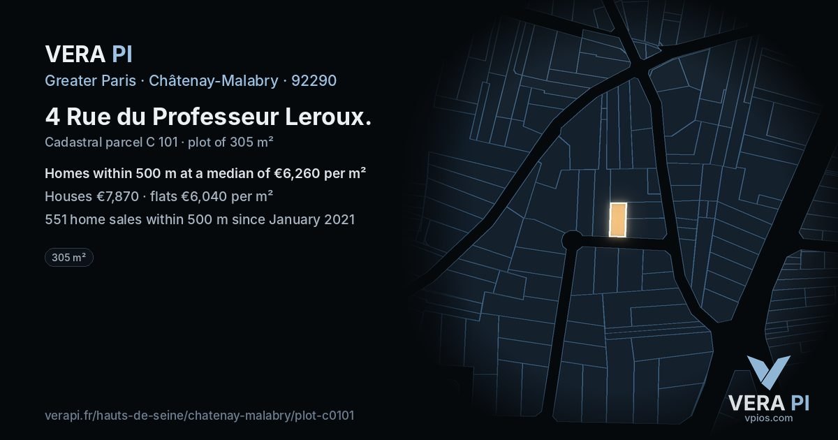 4 Rue du Professeur Leroux, Châtenay-Malabry at night – the plot lit, the parcels around coloured by the prices near them