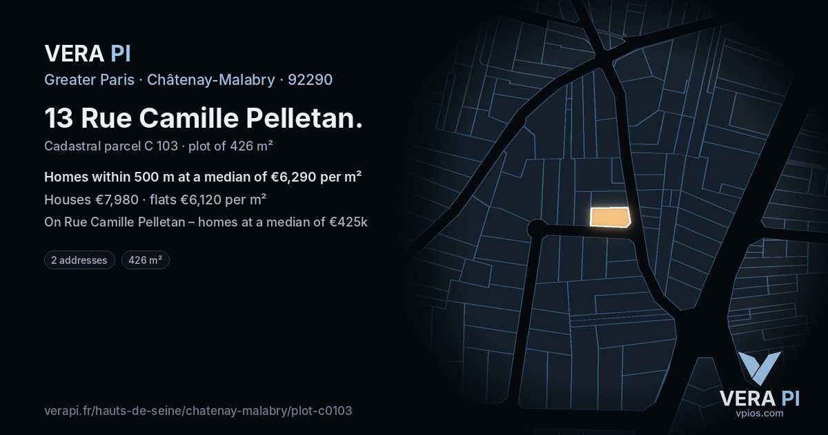 13 Rue Camille Pelletan, Châtenay-Malabry at night – the plot lit, the parcels around coloured by the prices near them