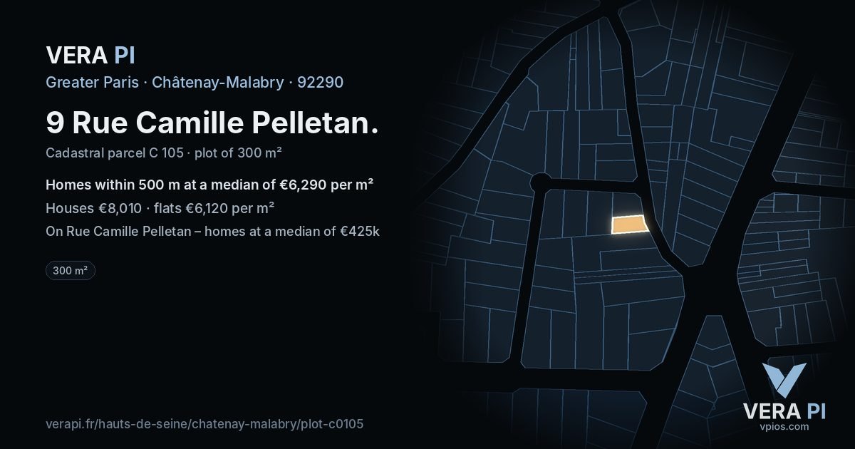 9 Rue Camille Pelletan, Châtenay-Malabry at night – the plot lit, the parcels around coloured by the prices near them
