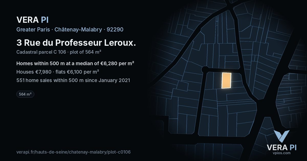 3 Rue du Professeur Leroux, Châtenay-Malabry at night – the plot lit, the parcels around coloured by the prices near them