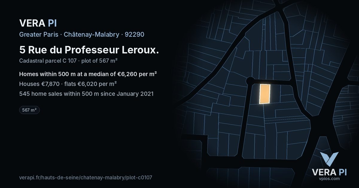 5 Rue du Professeur Leroux, Châtenay-Malabry at night – the plot lit, the parcels around coloured by the prices near them