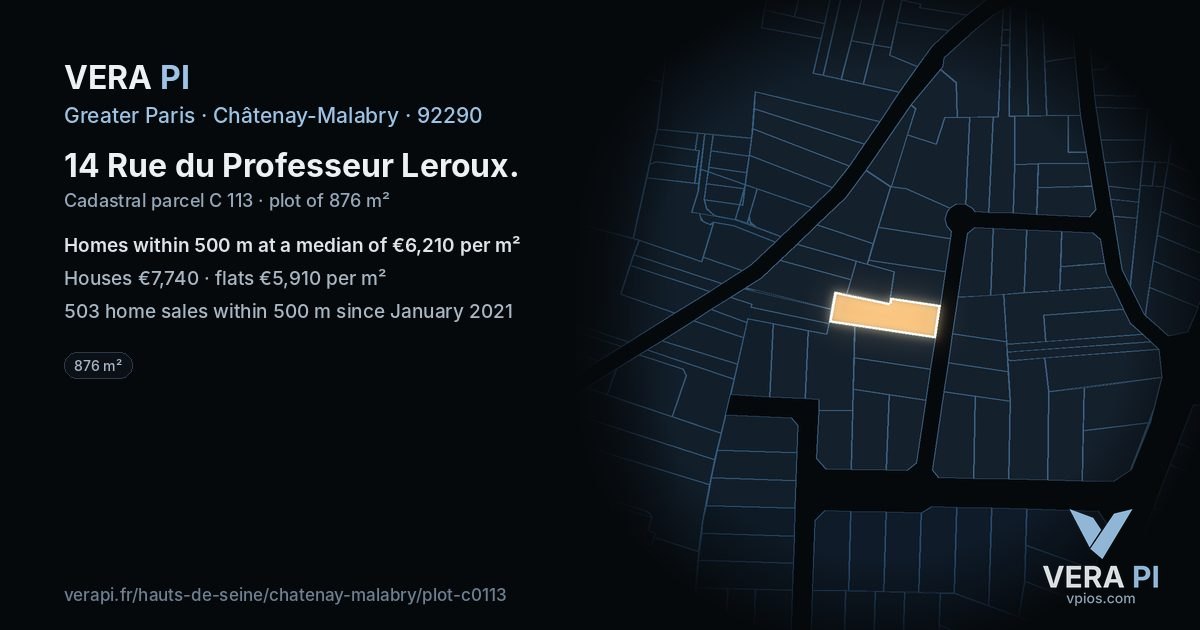 14 Rue du Professeur Leroux, Châtenay-Malabry at night – the plot lit, the parcels around coloured by the prices near them