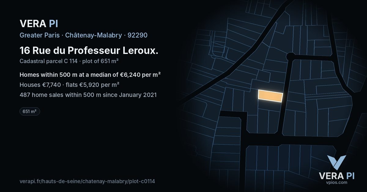 16 Rue du Professeur Leroux, Châtenay-Malabry at night – the plot lit, the parcels around coloured by the prices near them