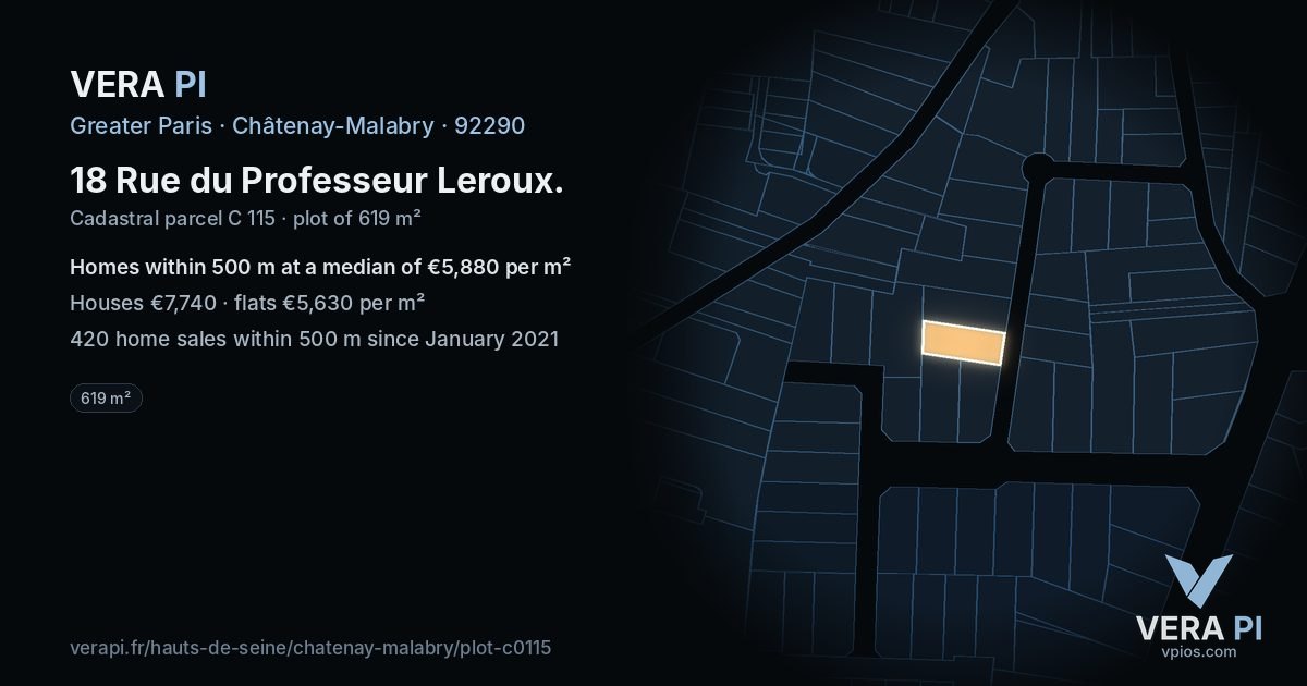 18 Rue du Professeur Leroux, Châtenay-Malabry at night – the plot lit, the parcels around coloured by the prices near them