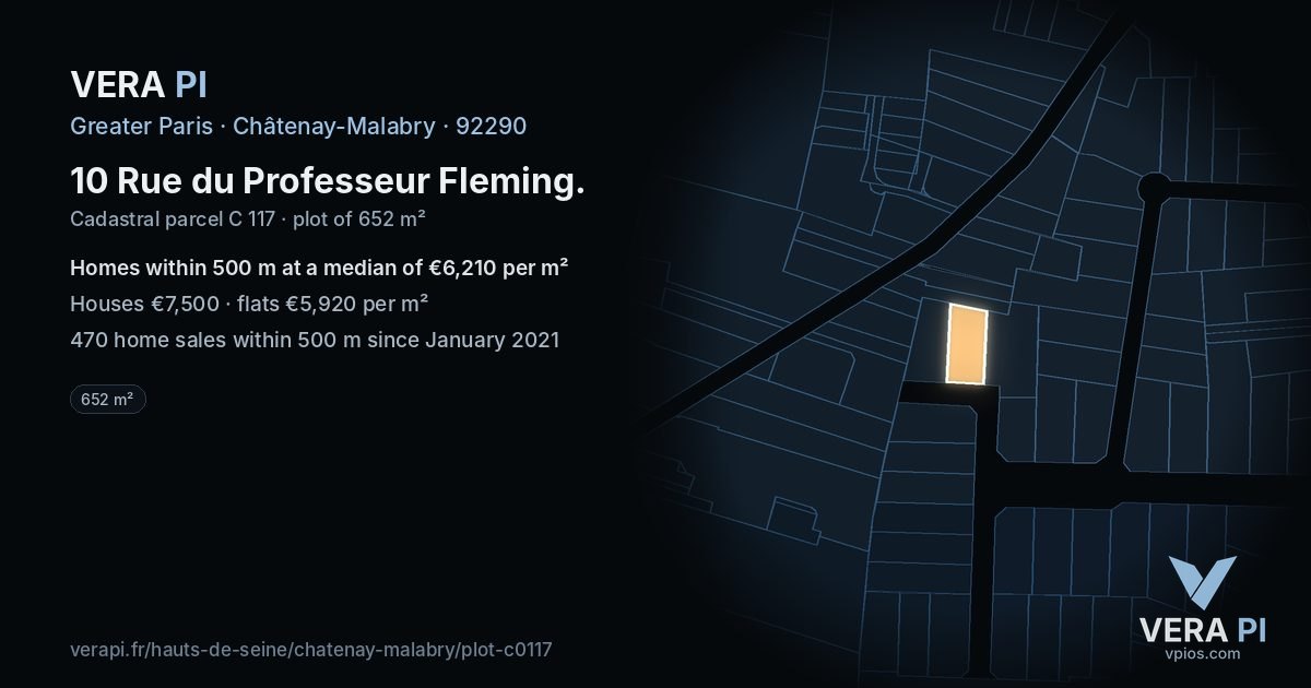10 Rue du Professeur Fleming, Châtenay-Malabry at night – the plot lit, the parcels around coloured by the prices near them