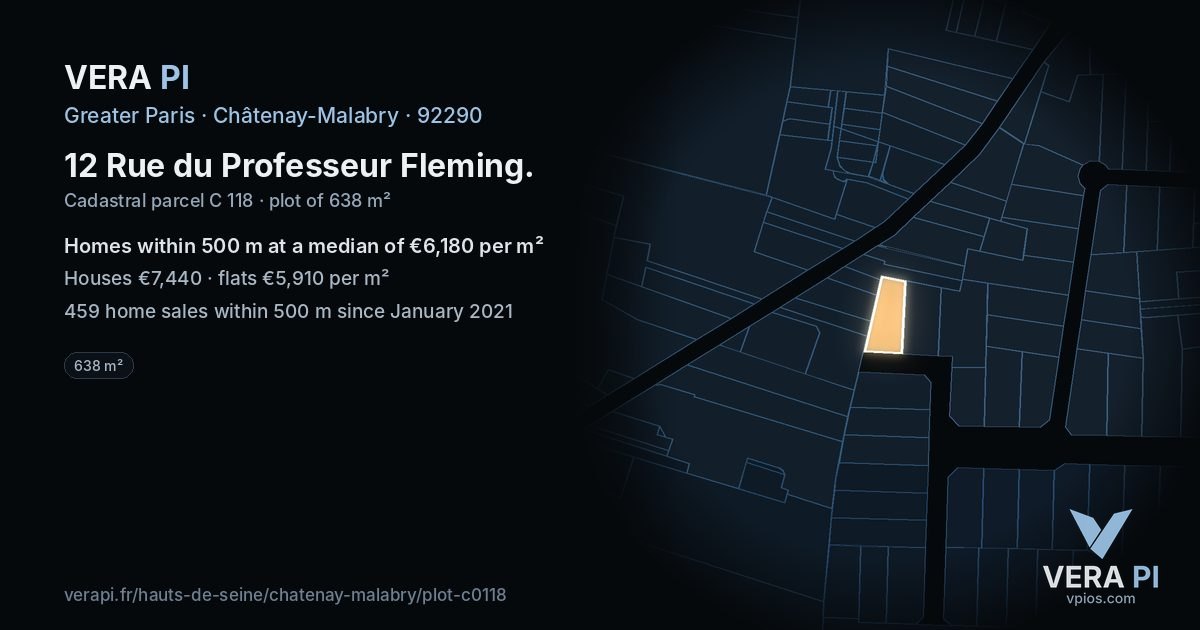 12 Rue du Professeur Fleming, Châtenay-Malabry at night – the plot lit, the parcels around coloured by the prices near them