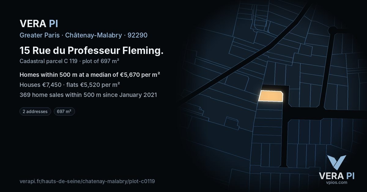 15 Rue du Professeur Fleming, Châtenay-Malabry at night – the plot lit, the parcels around coloured by the prices near them