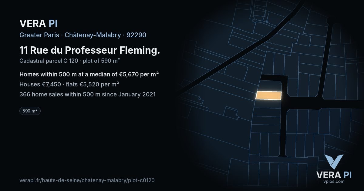 11 Rue du Professeur Fleming, Châtenay-Malabry at night – the plot lit, the parcels around coloured by the prices near them