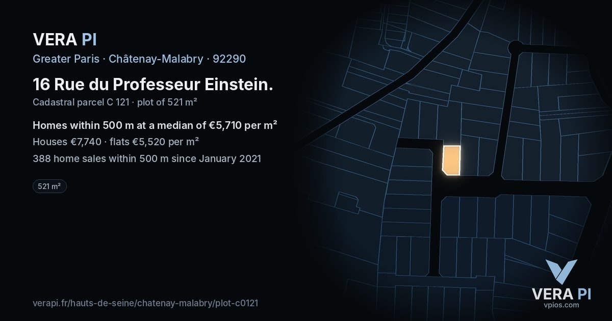 16 Rue du Professeur Einstein, Châtenay-Malabry at night – the plot lit, the parcels around coloured by the prices near them