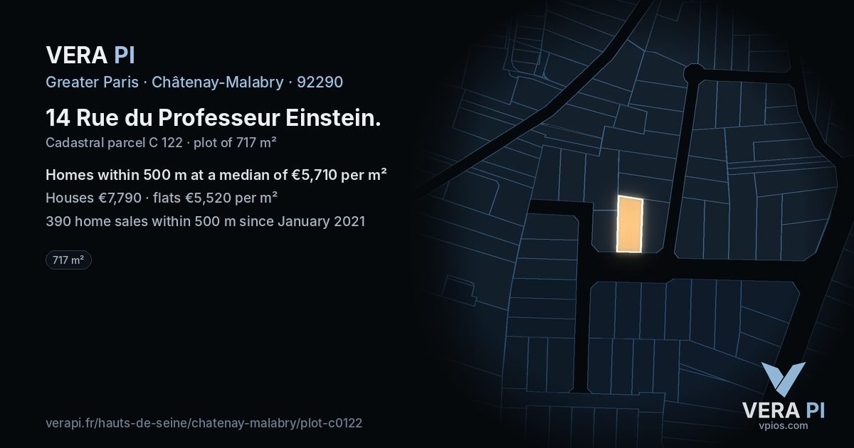 14 Rue du Professeur Einstein, Châtenay-Malabry at night – the plot lit, the parcels around coloured by the prices near them