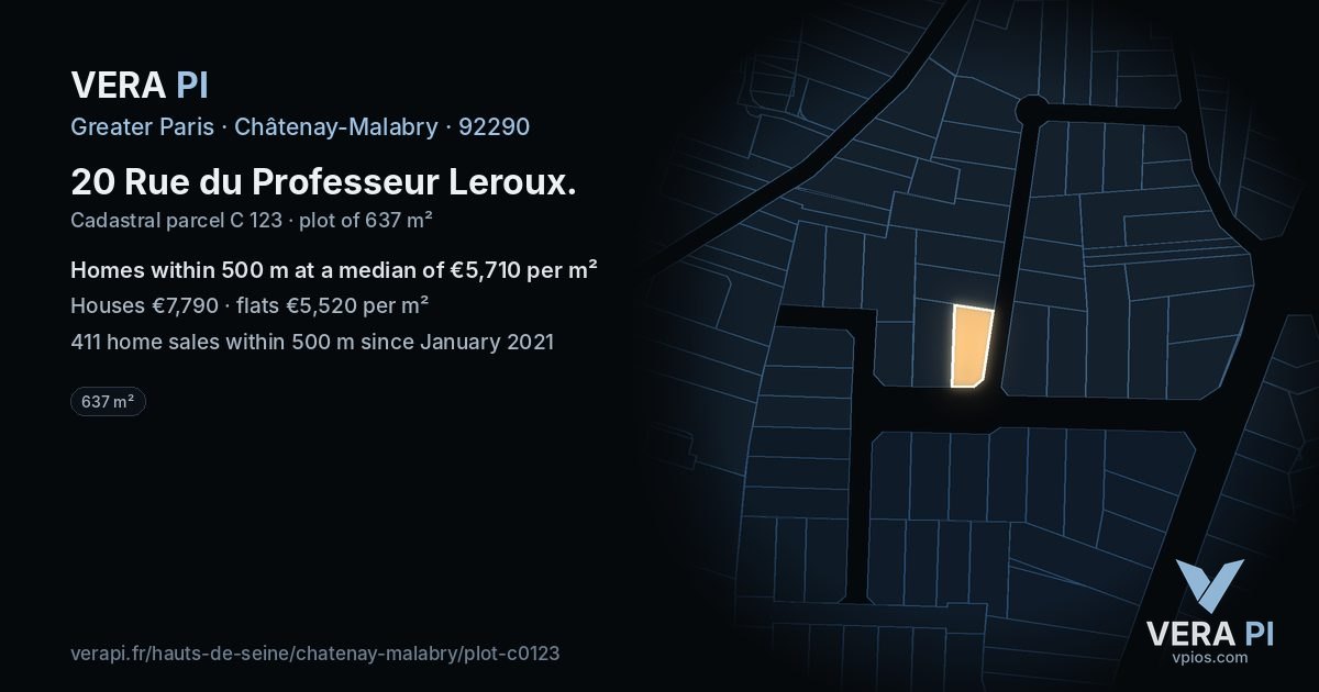 20 Rue du Professeur Leroux, Châtenay-Malabry at night – the plot lit, the parcels around coloured by the prices near them