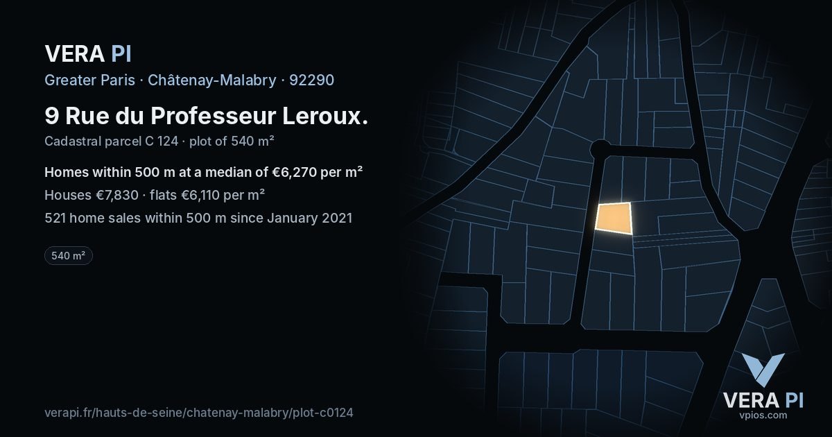 9 Rue du Professeur Leroux, Châtenay-Malabry at night – the plot lit, the parcels around coloured by the prices near them