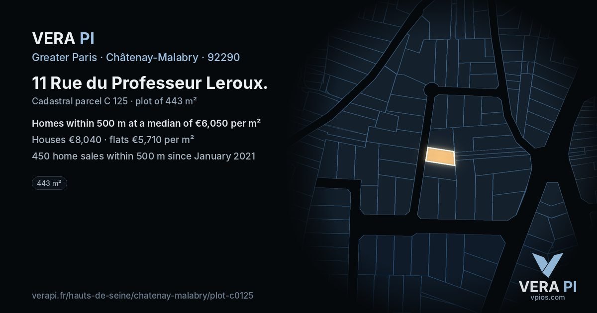11 Rue du Professeur Leroux, Châtenay-Malabry at night – the plot lit, the parcels around coloured by the prices near them
