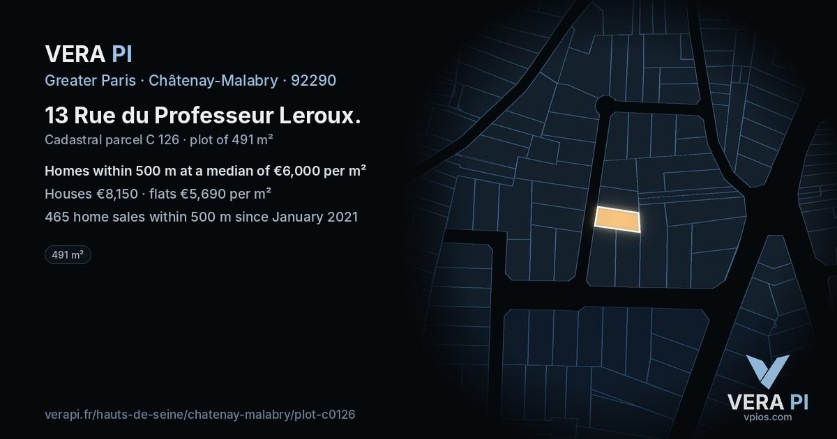 13 Rue du Professeur Leroux, Châtenay-Malabry at night – the plot lit, the parcels around coloured by the prices near them