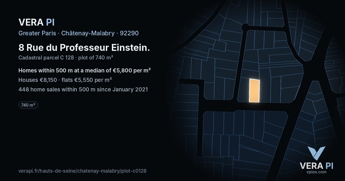 8 Rue du Professeur Einstein, Châtenay-Malabry at night – the plot lit, the parcels around coloured by the prices near them