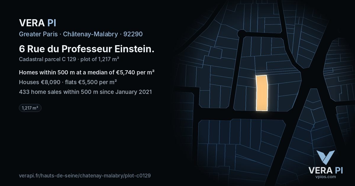 6 Rue du Professeur Einstein, Châtenay-Malabry at night – the plot lit, the parcels around coloured by the prices near them