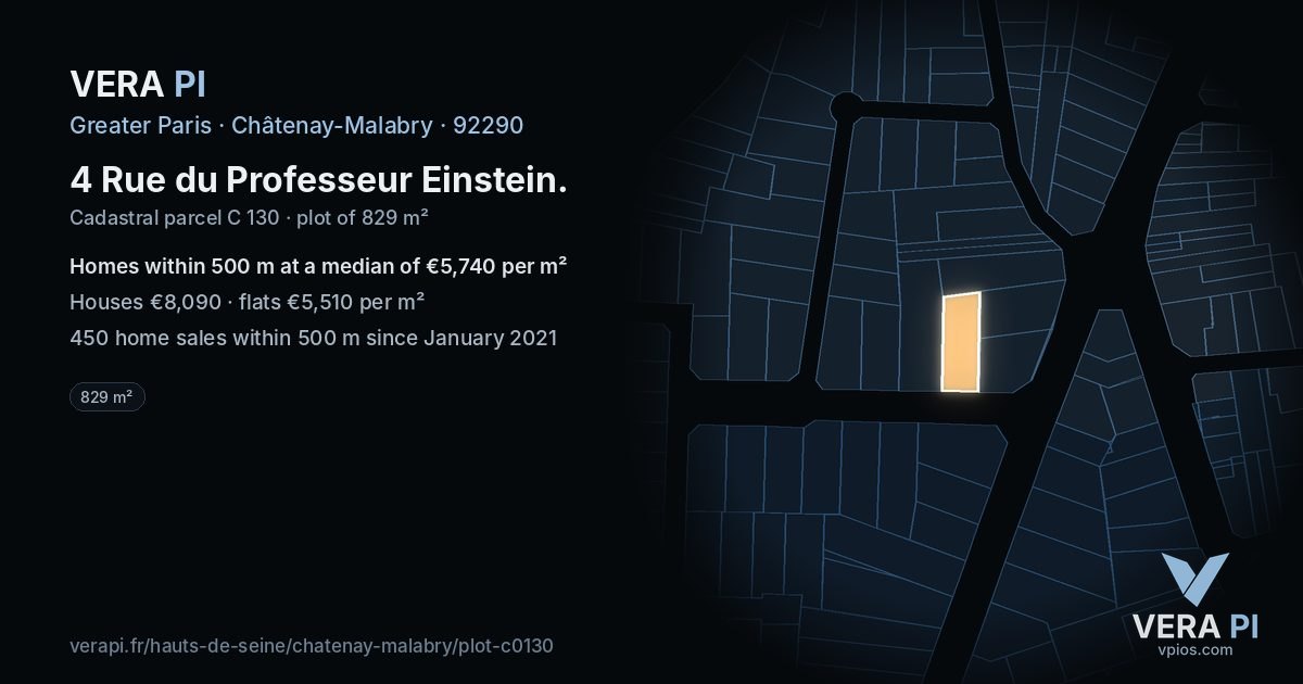 4 Rue du Professeur Einstein, Châtenay-Malabry at night – the plot lit, the parcels around coloured by the prices near them