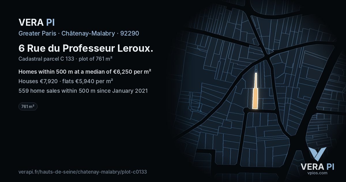 6 Rue du Professeur Leroux, Châtenay-Malabry at night – the plot lit, the parcels around coloured by the prices near them