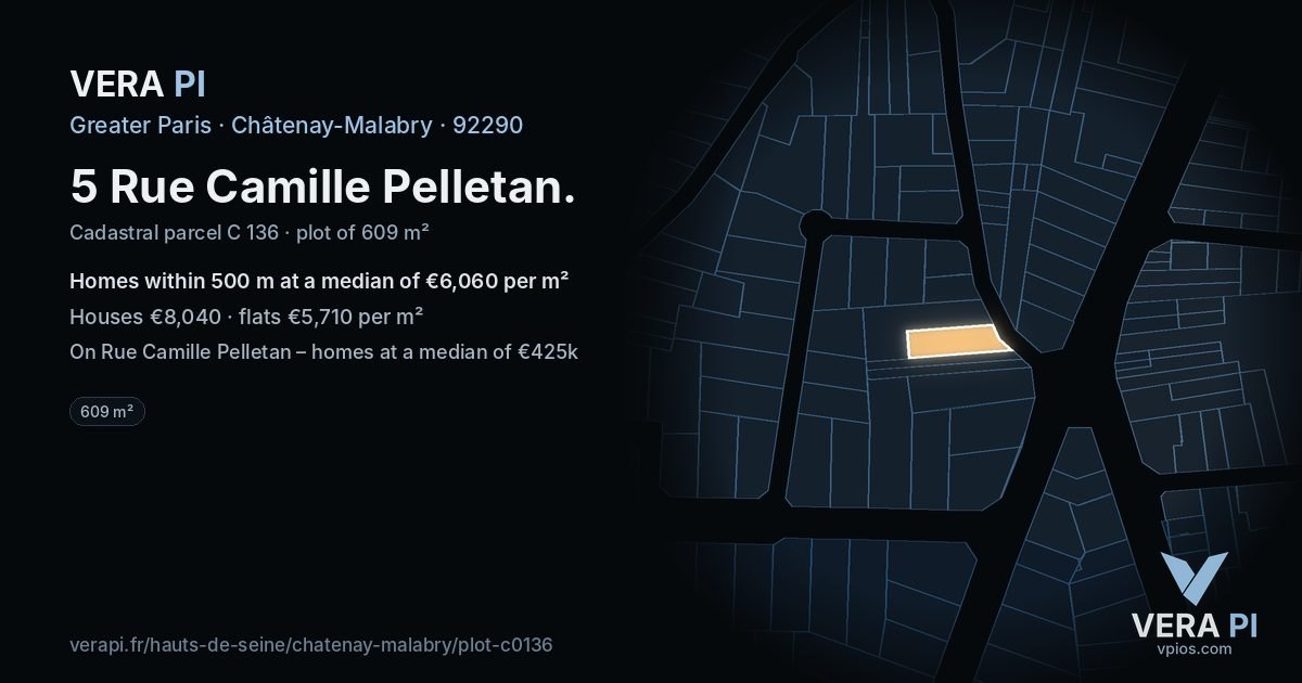 5 Rue Camille Pelletan, Châtenay-Malabry at night – the plot lit, the parcels around coloured by the prices near them