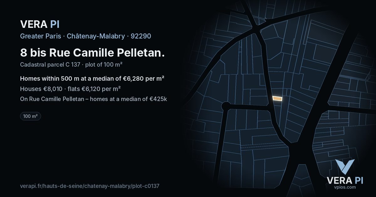 8 bis Rue Camille Pelletan, Châtenay-Malabry at night – the plot lit, the parcels around coloured by the prices near them