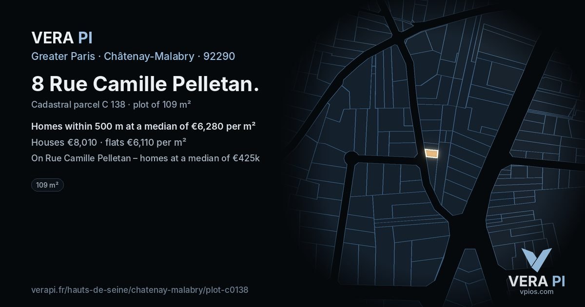8 Rue Camille Pelletan, Châtenay-Malabry at night – the plot lit, the parcels around coloured by the prices near them