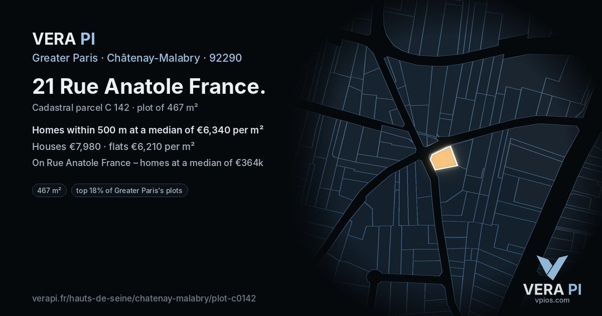 21 Rue Anatole France, Châtenay-Malabry at night – the plot lit, the parcels around coloured by the prices near them