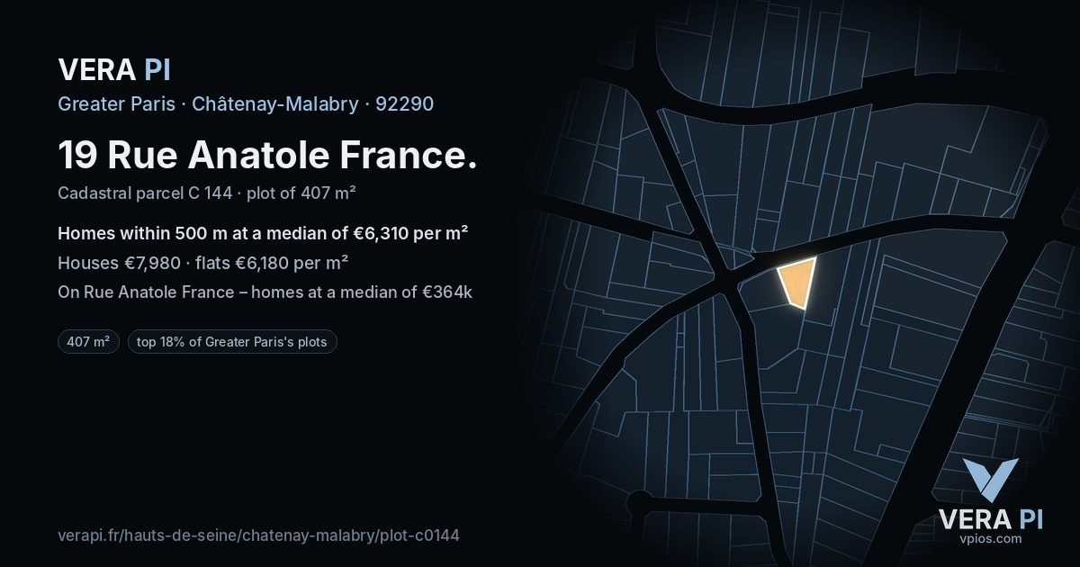 19 Rue Anatole France, Châtenay-Malabry at night – the plot lit, the parcels around coloured by the prices near them