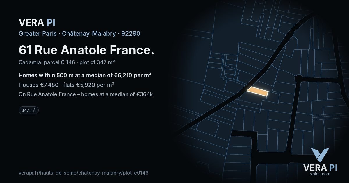 61 Rue Anatole France, Châtenay-Malabry at night – the plot lit, the parcels around coloured by the prices near them