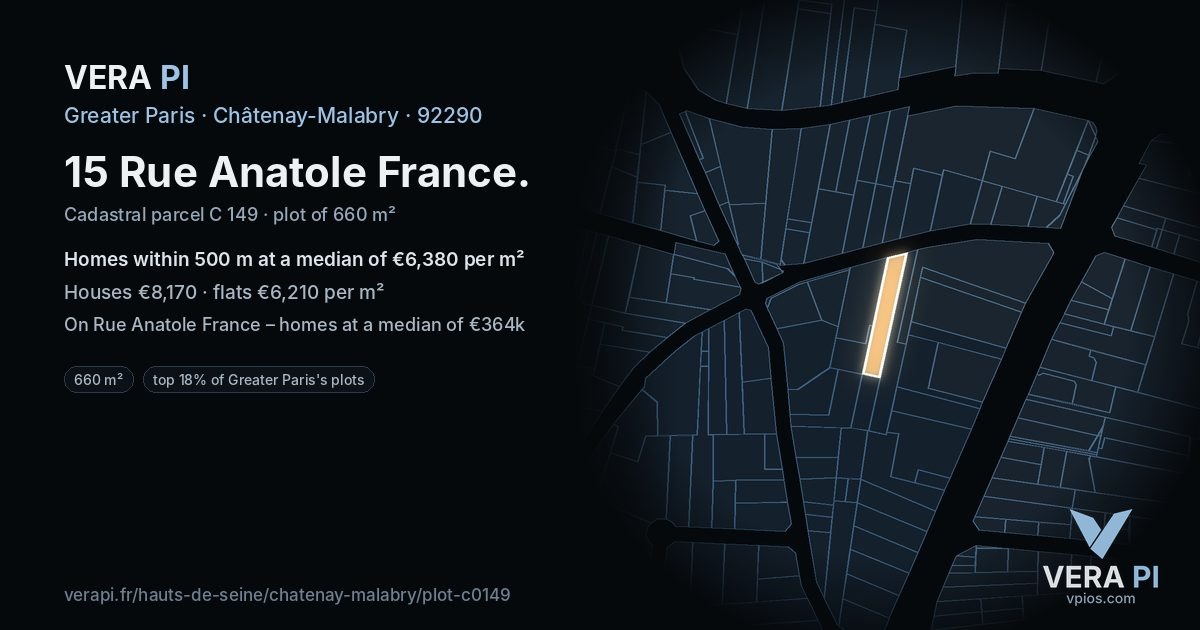 15 Rue Anatole France, Châtenay-Malabry at night – the plot lit, the parcels around coloured by the prices near them