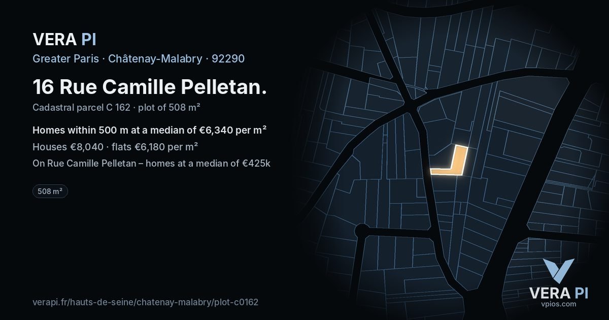 16 Rue Camille Pelletan, Châtenay-Malabry at night – the plot lit, the parcels around coloured by the prices near them
