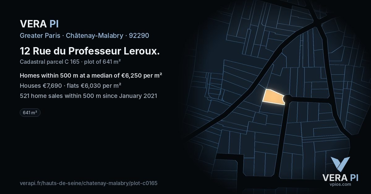 12 Rue du Professeur Leroux, Châtenay-Malabry at night – the plot lit, the parcels around coloured by the prices near them