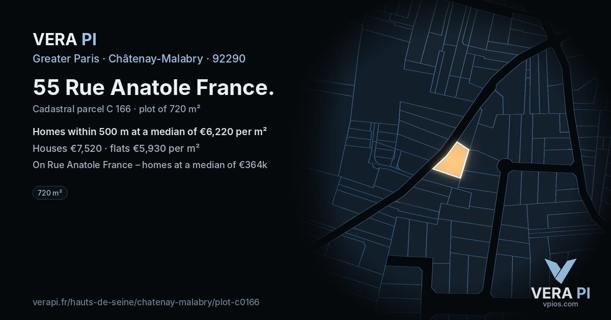 55 Rue Anatole France, Châtenay-Malabry at night – the plot lit, the parcels around coloured by the prices near them