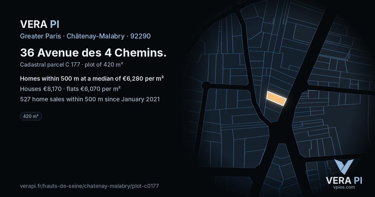 36 Avenue des 4 Chemins, Châtenay-Malabry at night – the plot lit, the parcels around coloured by the prices near them