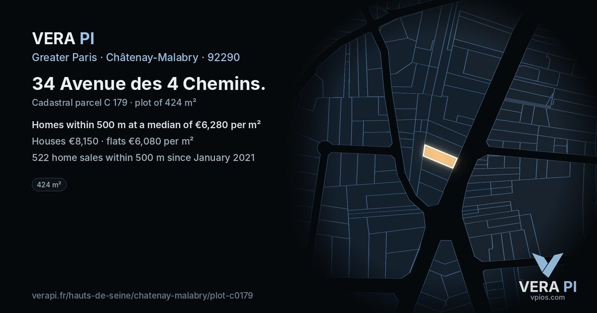 34 Avenue des 4 Chemins, Châtenay-Malabry at night – the plot lit, the parcels around coloured by the prices near them