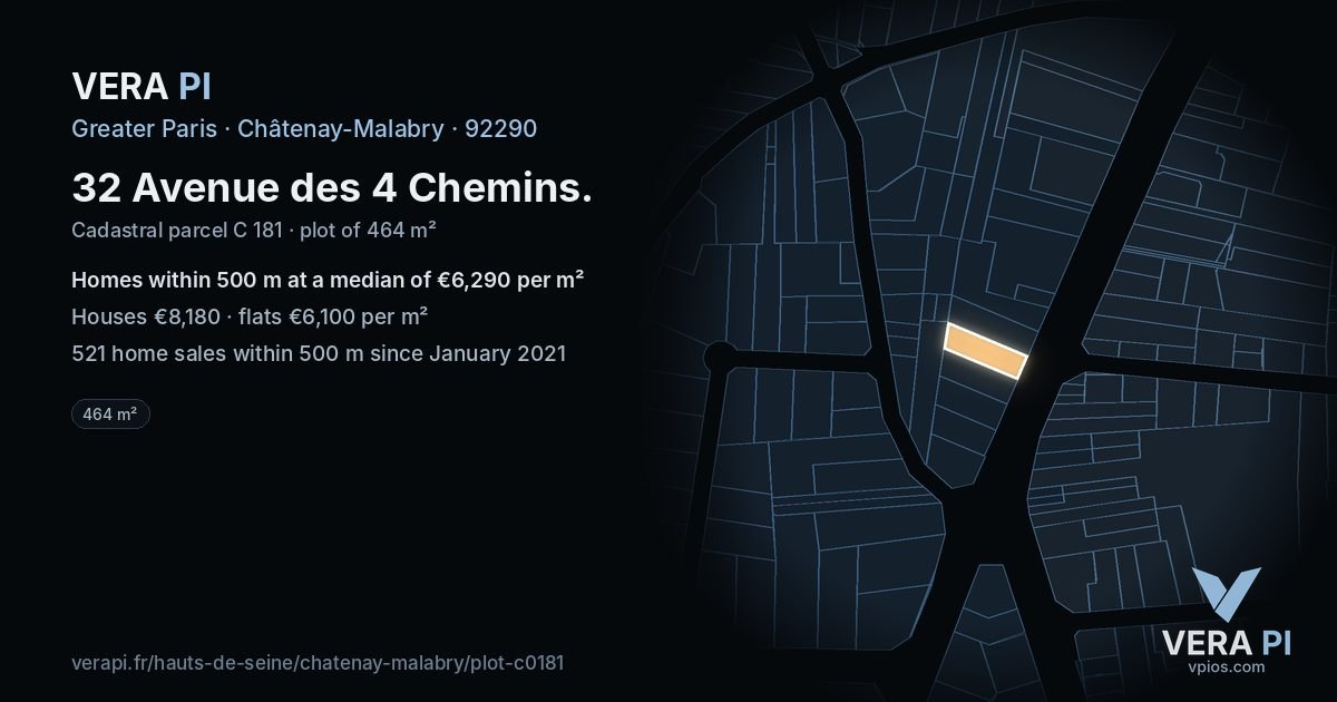 32 Avenue des 4 Chemins, Châtenay-Malabry at night – the plot lit, the parcels around coloured by the prices near them