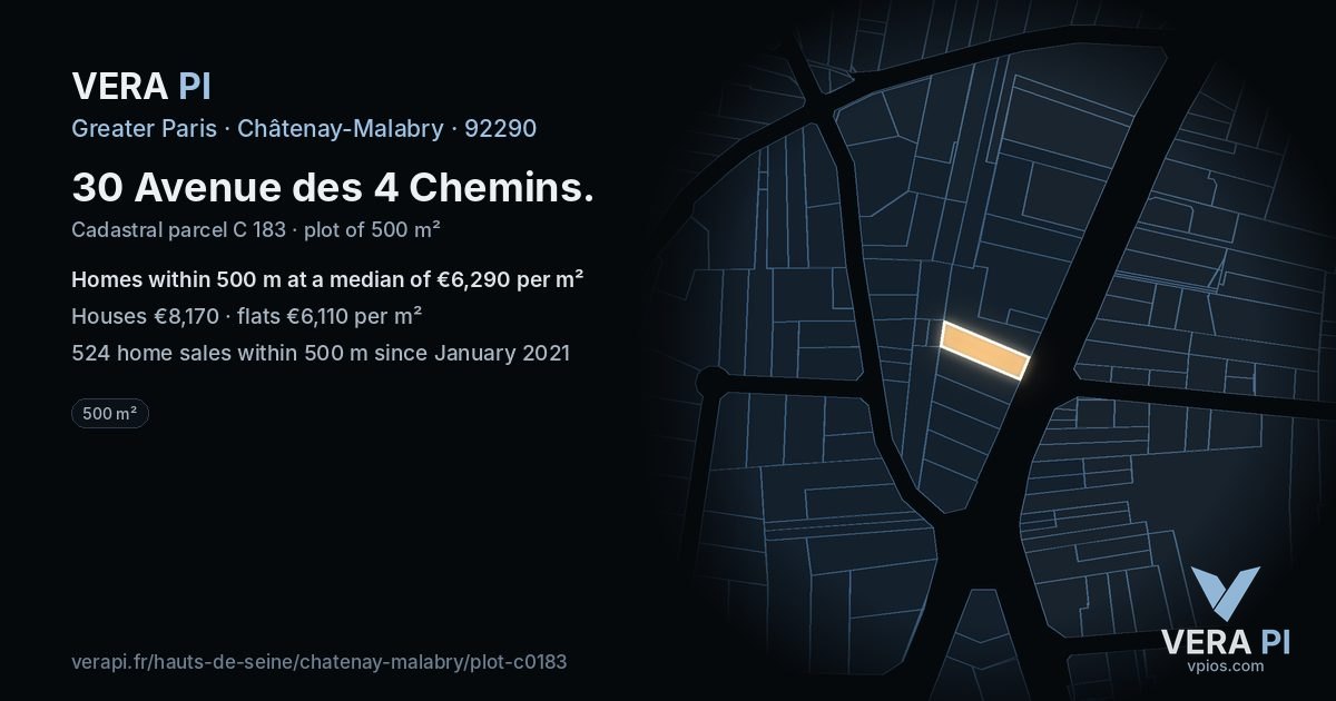30 Avenue des 4 Chemins, Châtenay-Malabry at night – the plot lit, the parcels around coloured by the prices near them