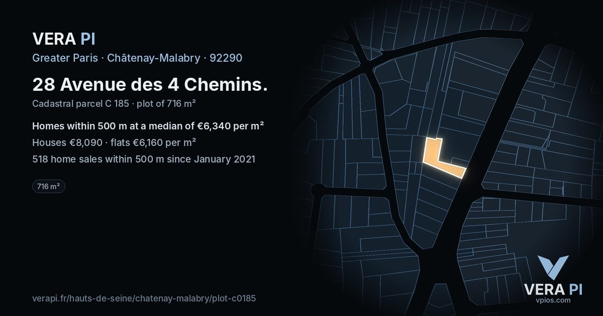 28 Avenue des 4 Chemins, Châtenay-Malabry at night – the plot lit, the parcels around coloured by the prices near them