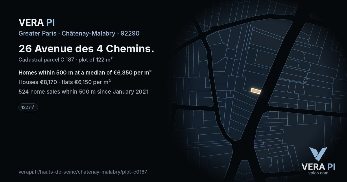 26 Avenue des 4 Chemins, Châtenay-Malabry at night – the plot lit, the parcels around coloured by the prices near them