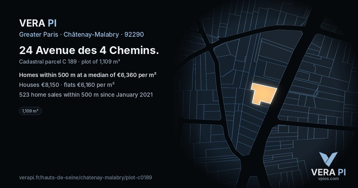 24 Avenue des 4 Chemins, Châtenay-Malabry at night – the plot lit, the parcels around coloured by the prices near them
