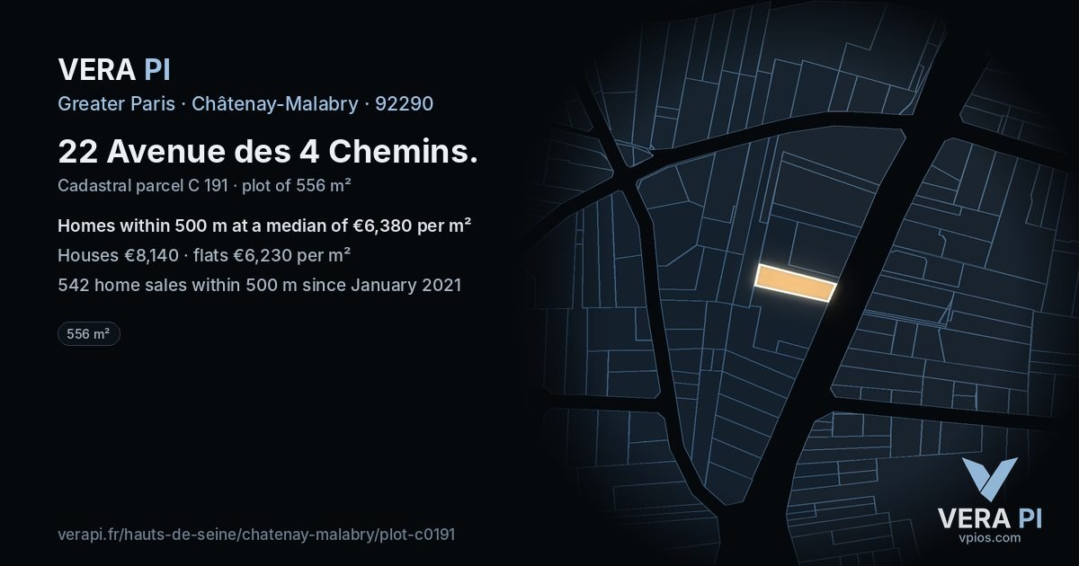 22 Avenue des 4 Chemins, Châtenay-Malabry at night – the plot lit, the parcels around coloured by the prices near them