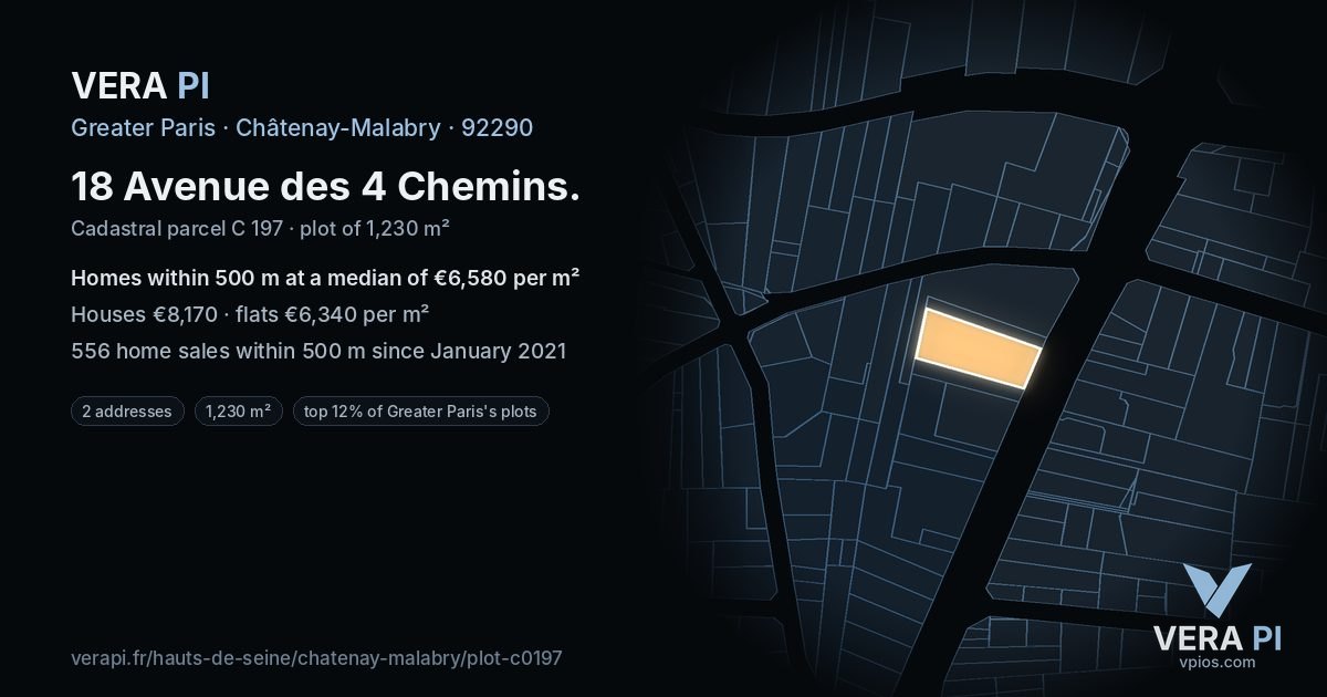 18 Avenue des 4 Chemins, Châtenay-Malabry at night – the plot lit, the parcels around coloured by the prices near them