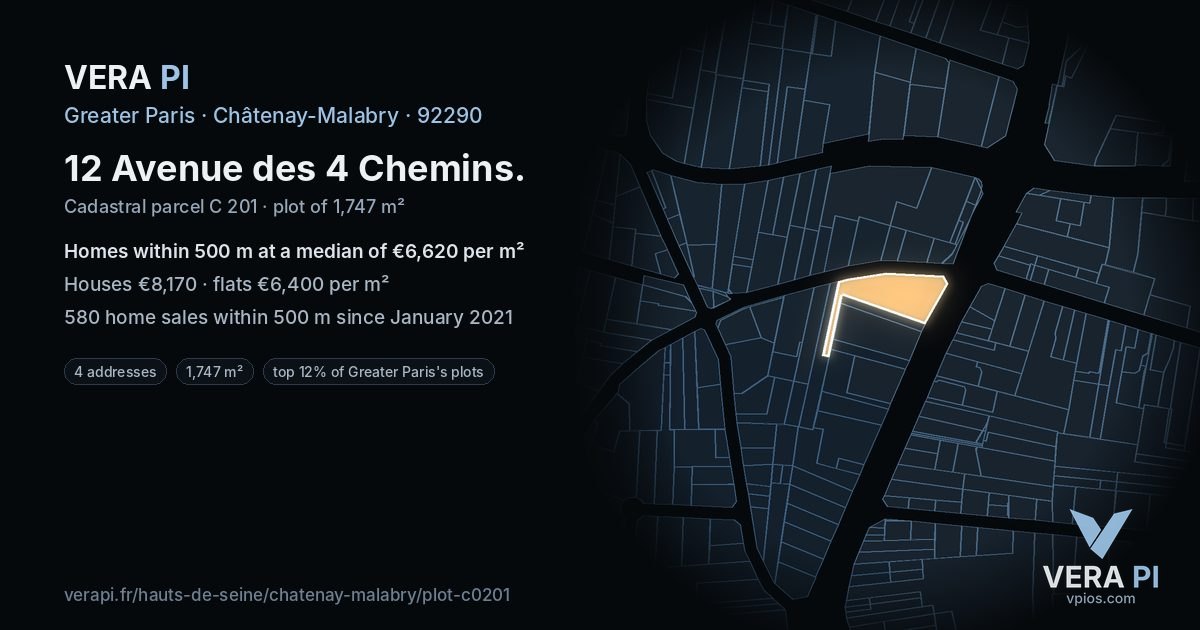 12 Avenue des 4 Chemins, Châtenay-Malabry at night – the plot lit, the parcels around coloured by the prices near them