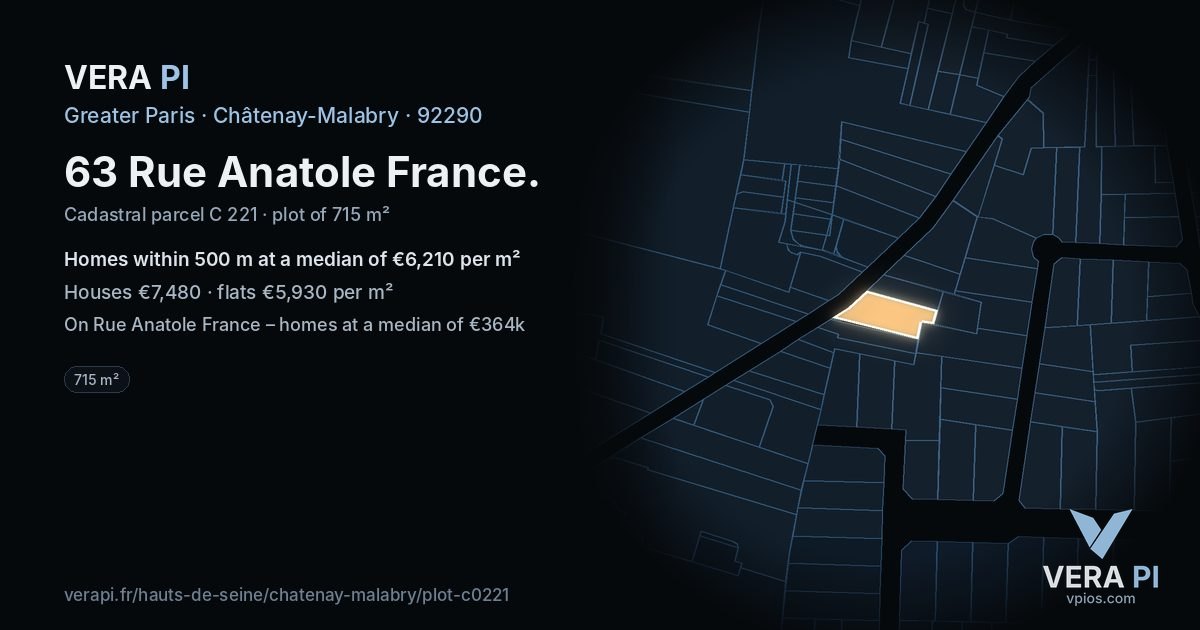 63 Rue Anatole France, Châtenay-Malabry at night – the plot lit, the parcels around coloured by the prices near them