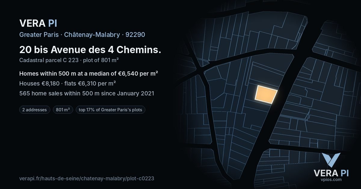 20 bis Avenue des 4 Chemins, Châtenay-Malabry at night – the plot lit, the parcels around coloured by the prices near them